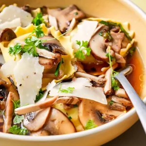 Raviolis aux champignons de la Ferme Mycep, noisettes grillées, jus corsé et parmesan